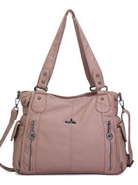 🆕 Angelkiss 2 Top Zippers Multi Pockets Women Handbags/Washed Leather